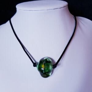 Hand Crafted Necklace Green Glass Bead Silk Cord